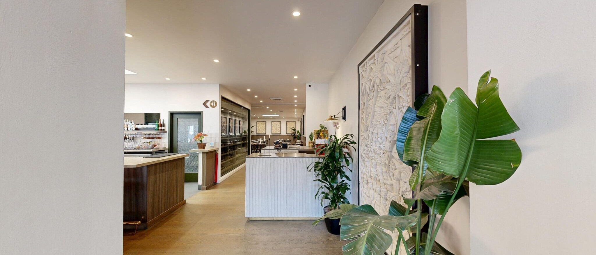 A stylish restaurant interior by Black Creek Builders, featuring a well-lit hallway leading into a dining or service area. On the right, large potted plants with broad green leaves stand next to a framed piece of wall art. In the distance, a long counter with a textured white front is visible, along with a dark wooden bar area on the left. Recessed lighting illuminates the space.